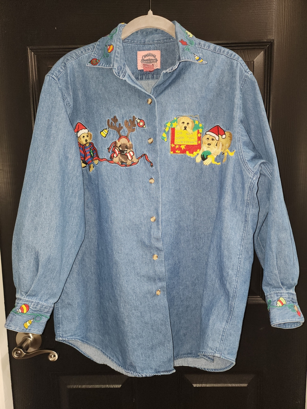 Embroidered Light Blue Denim Button-Down Shirt with Holiday Puppy Motif